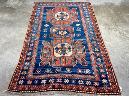 Collector Item - 4'1"x7'3" Antique Hand-Knotted 100% Wool Pile Russian Kazak Rug