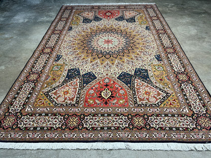 6'7"x10'2" Fine Hand-Knotted Wool & Silk Tabrize Dome Design Rug - Area Carpet