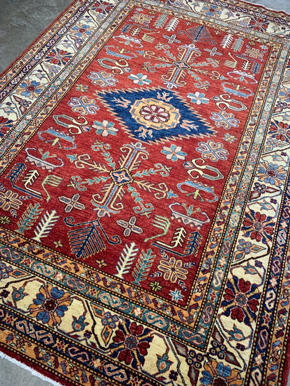 5'9"x8'2" Hand-Knotted 100% Wool Pile Super Kazak Carpet - Area Rug