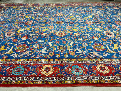 Collector Item - 10'6"x15'7" Antique Hand-Knotted Wool & Silk Varamine Area Rug