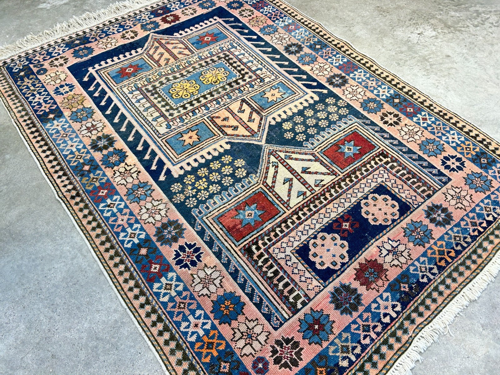Collector Item - 3'4"x4'4" Antique Hand-Knotted 100% Wool Pile Russian Kazak Rug