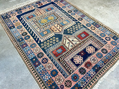 Collector Item - 3'4"x4'4" Antique Hand-Knotted 100% Wool Pile Russian Kazak Rug