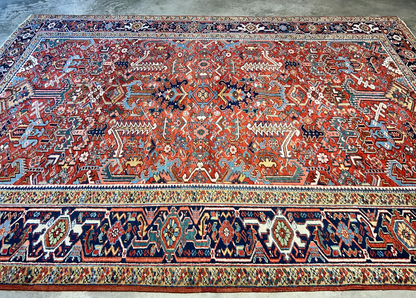 Collector Item - 9'1"x12'2" Antique Fine Wool Herize Hand-Knotted Rug