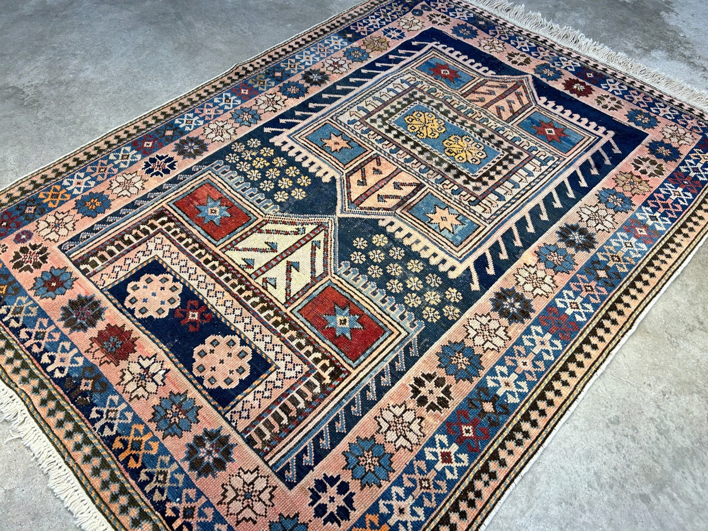 Collector Item - 3'4"x4'4" Antique Hand-Knotted 100% Wool Pile Russian Kazak Rug