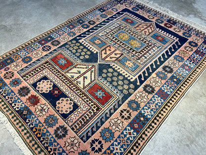 Collector Item - 3'4"x4'4" Antique Hand-Knotted 100% Wool Pile Russian Kazak Rug