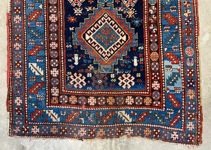 4'1"x7'2" Antique Hand-Knotted 100% Wool Pile Kazak Caucasian Area Rug - Carpet