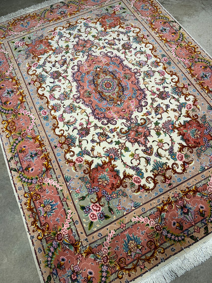 4'11"x6'9" Very Fine Hand-Knotted Wool & Silk Blend Tabrize Rug
