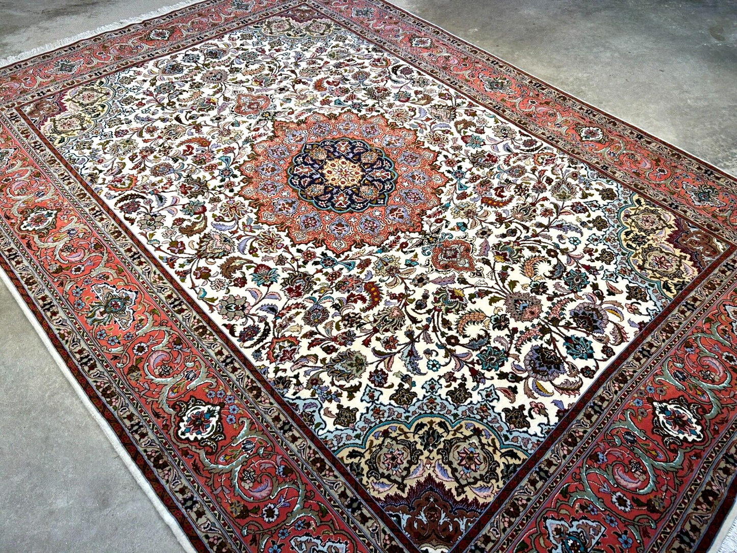 7'0"x10'8" Fine Hand-Knotted Wool & Silk Blend Tabrize Carpet - Area Rug