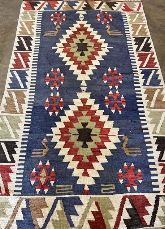 3'2x5'4" Hand-Knotted 100% Wool Flat-Weave Turkish Rug