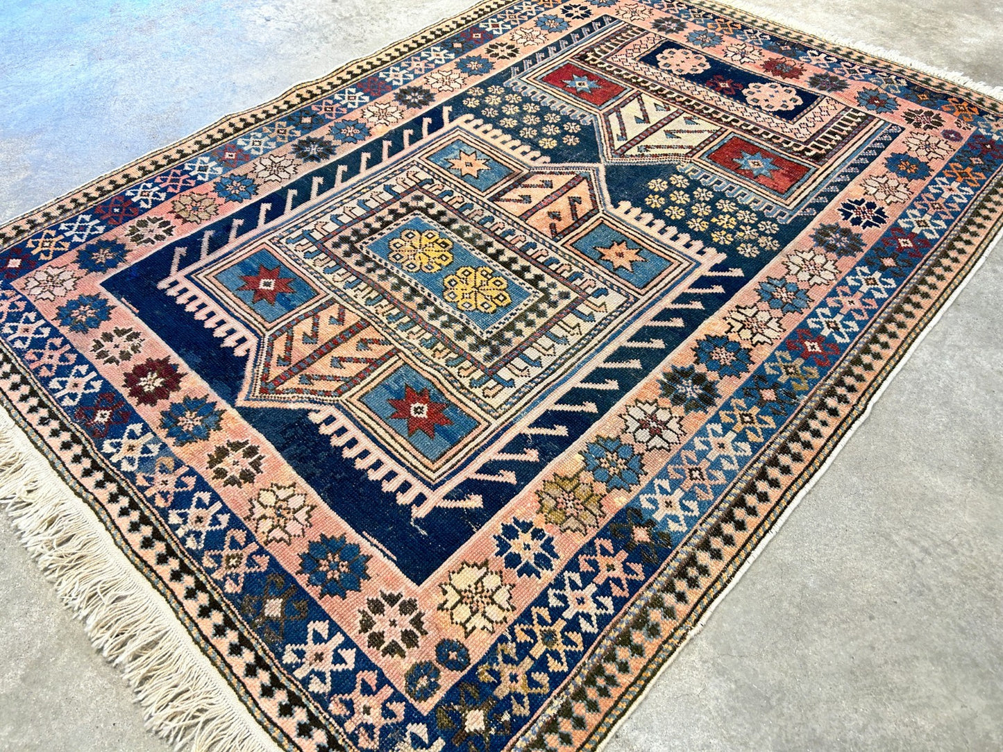 Collector Item - 3'4"x4'4" Antique Hand-Knotted 100% Wool Pile Russian Kazak Rug