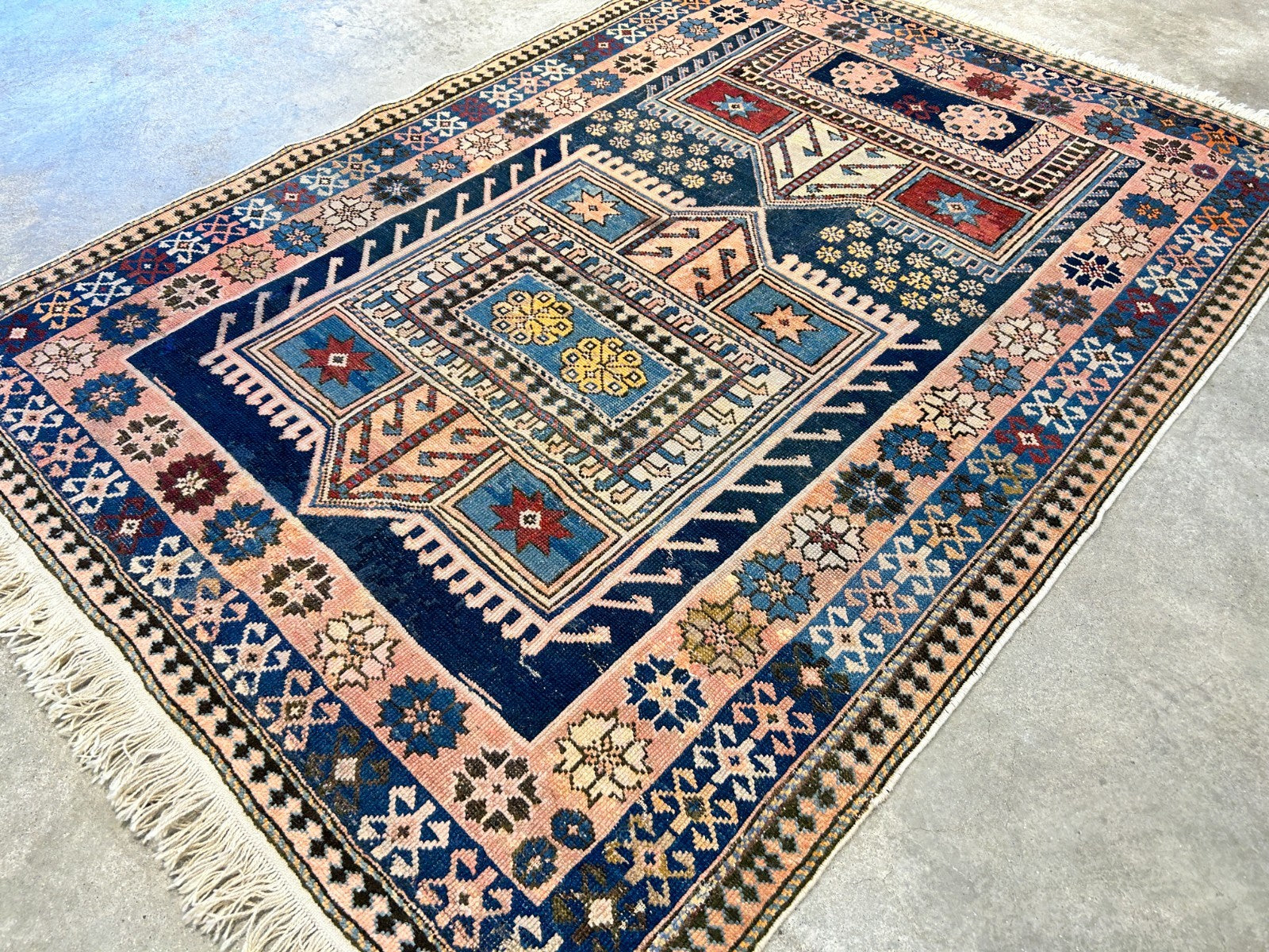 Collector Item - 3'4"x4'4" Antique Hand-Knotted 100% Wool Pile Russian Kazak Rug