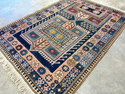 Collector Item - 3'4"x4'4" Antique Hand-Knotted 100% Wool Pile Russian Kazak Rug