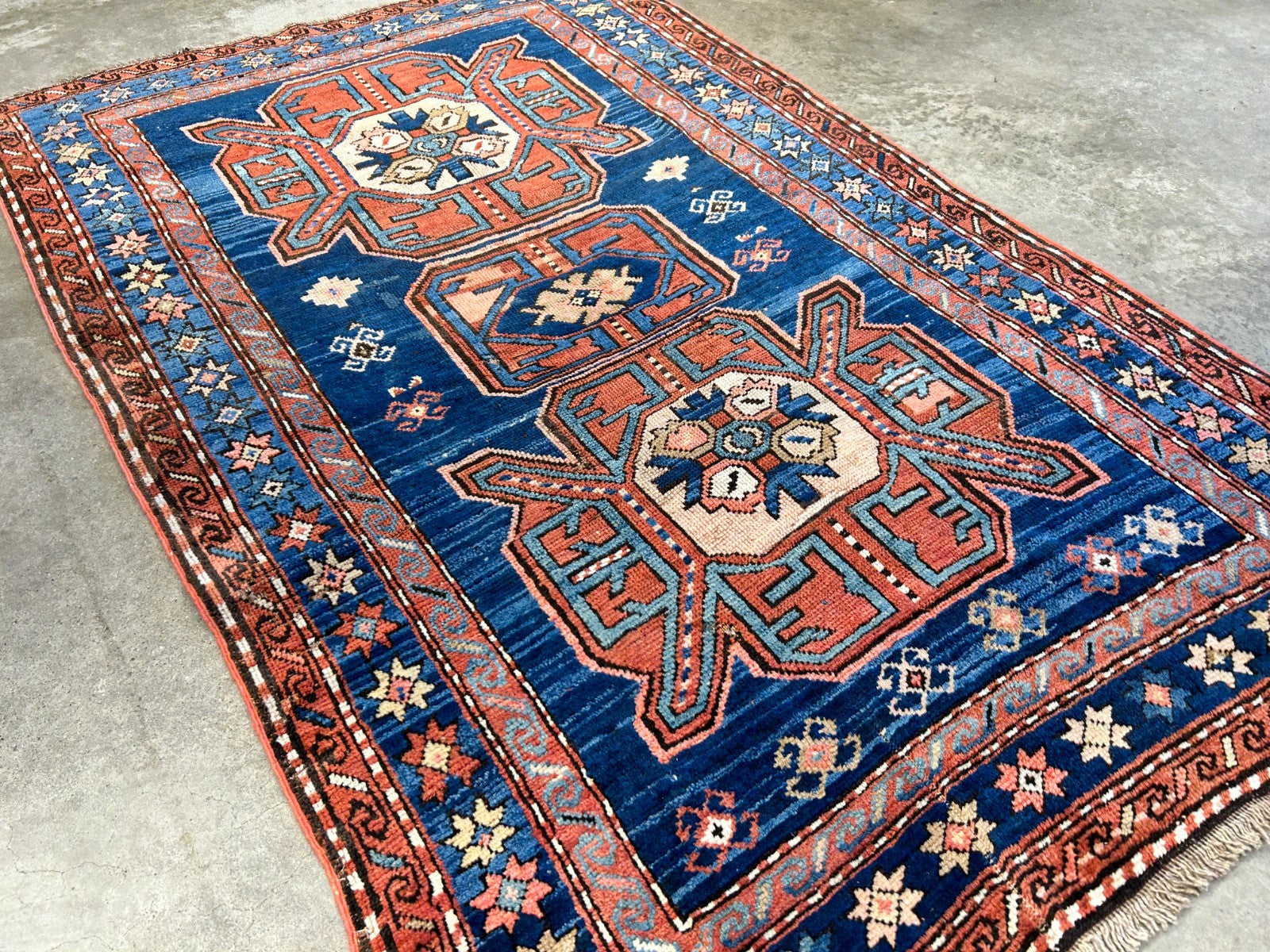 Collector Item - 4'1"x7'3" Antique Hand-Knotted 100% Wool Pile Russian Kazak Rug