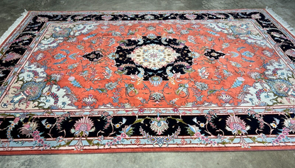 7'x10' Fine Hand-Knotted Wool & Silk Tabrize Rug - Area Carpet