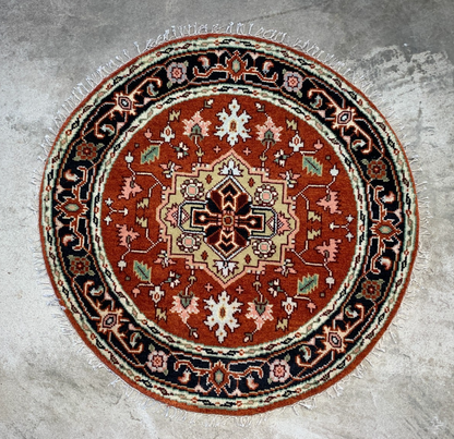 4' Diameter Exquisite Hand-Knotted 100% Wool Pile Oriental Rug