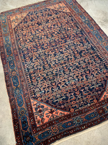  4'9"x6'8" Antique Pre-1900 Geometric Malayer Area Rug Hand-knotted Carpet