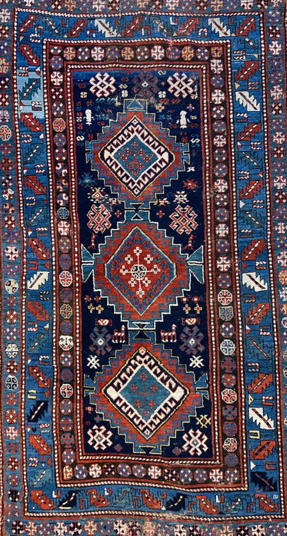 4'1"x7'2" Antique Hand-Knotted 100% Wool Pile Kazak Caucasian Area Rug - Carpet