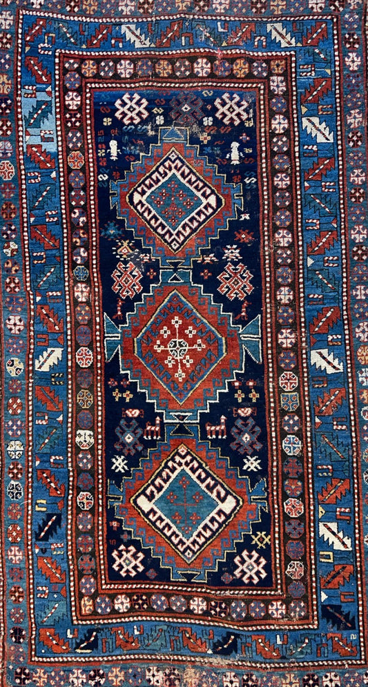 4'1"x7'2" Antique Hand-Knotted 100% Wool Pile Kazak Caucasian Area Rug - Carpet