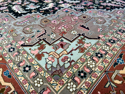 6'6"x9'6" Fine Hand-Knotted Wool & Silk Blend Tabrize Herize Carpet - Area Rug