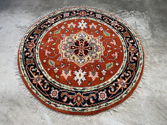 4' Diameter Exquisite Hand-Knotted 100% Wool Pile Oriental Rug