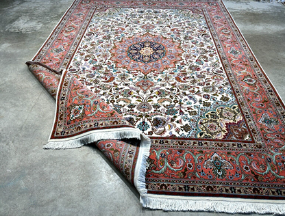 7'0"x10'8" Fine Hand-Knotted Wool & Silk Blend Tabrize Carpet - Area Rug