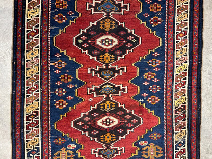 3'6"x4'1" Antique Hand-Knotted 100% Wool Pile Caucasian Rug