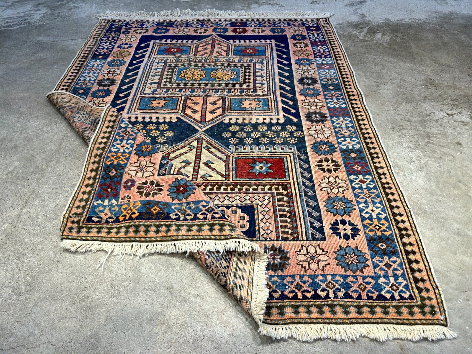 Collector Item - 3'4"x4'4" Antique Hand-Knotted 100% Wool Pile Russian Kazak Rug