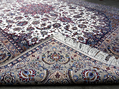  8'6"x12'1'' Very Fine Silk & Wool Isfahane Area Rug - Area Carpet