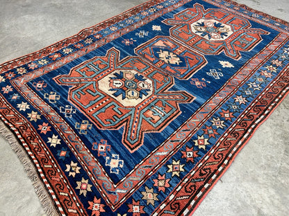 Collector Item - 4'1"x7'3" Antique Hand-Knotted 100% Wool Pile Russian Kazak Rug