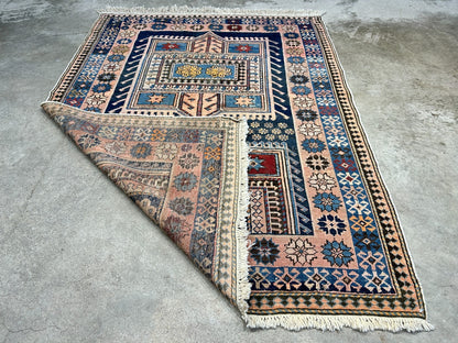 Collector Item - 3'4"x4'4" Antique Hand-Knotted 100% Wool Pile Russian Kazak Rug