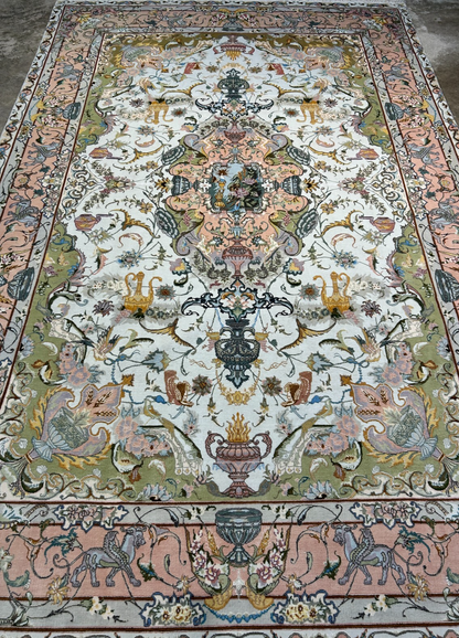6'8"x10' Very-Fine Hand-Knotted Wool & Silk Blend Tabrize Carpet - Area Rug