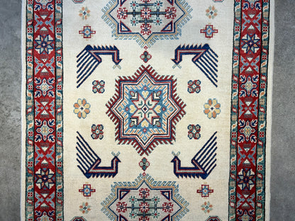 3'5"x4'9" Fine Hand-Knotted 100% Wool Pile Kazak Rug