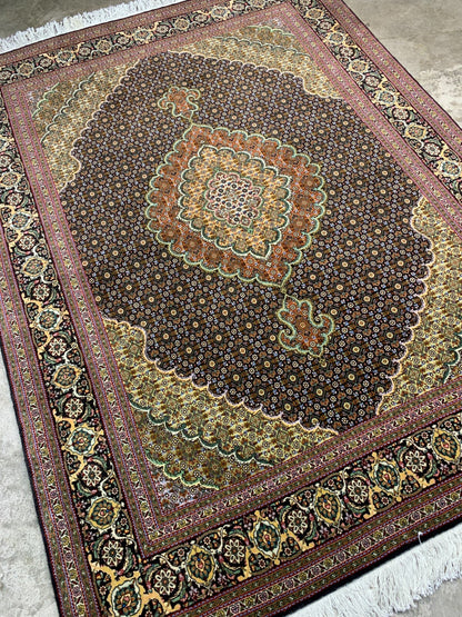 5'x6'8" Fine Hand-Knotted Wool & Silk Blend Tabrize Mahi Carpet - Area Rug