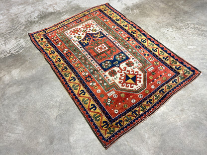 Collector Item -  3'4"x5'6" Antique Hand-Knotted 100% Wool Pile Kazak Rug