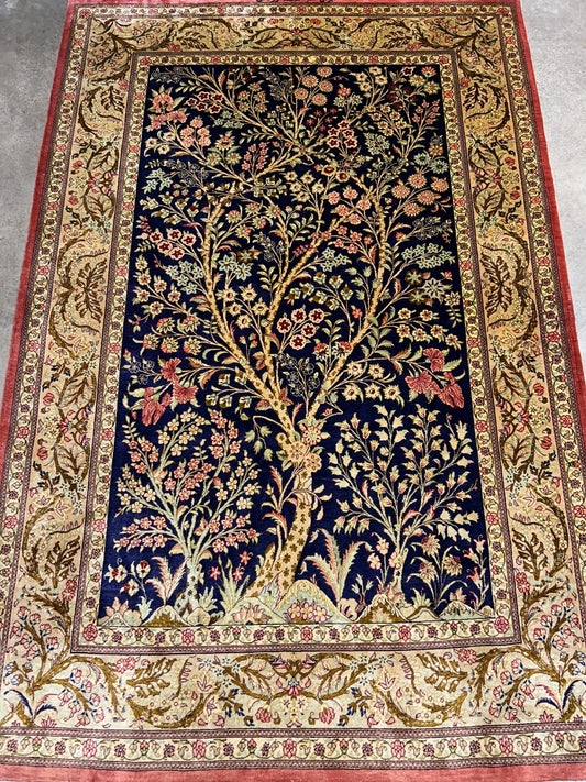 3'3"x4'11" Exquisite Extra-Fine Hand-Knotted 100% Silk Tree of Life Area Rug