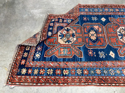 Collector Item - 4'1"x7'3" Antique Hand-Knotted 100% Wool Pile Russian Kazak Rug