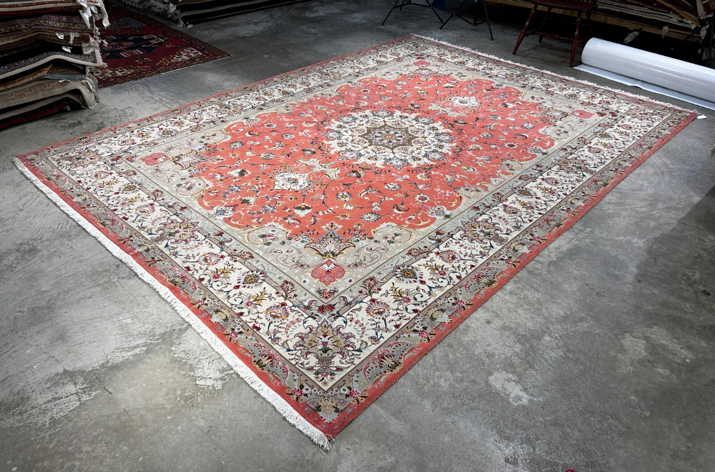 8'4"x12'3" Very Fine Hand-Knotted Wool & Silk Tabrize Rug
