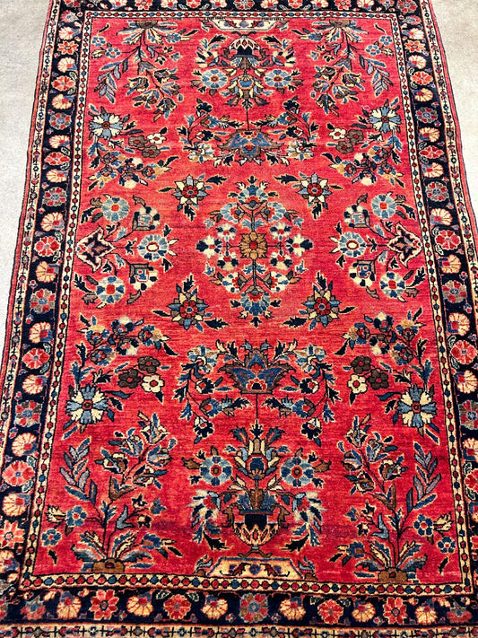 3'4"x4'10" Antique Hand-Knotted 100% Wool Pile Sarouke Mohajeran Rug