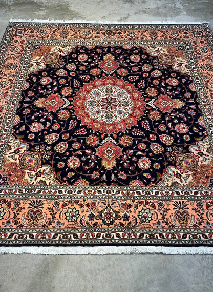 6'5"x6'7" Fine Hand-Knotted Wool & Silk Tabrize Rug - Area Carpet