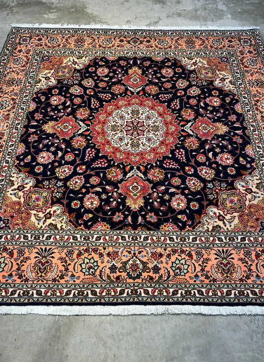 6'5"x6'7" Fine Hand-Knotted Wool & Silk Tabrize Rug - Area Carpet