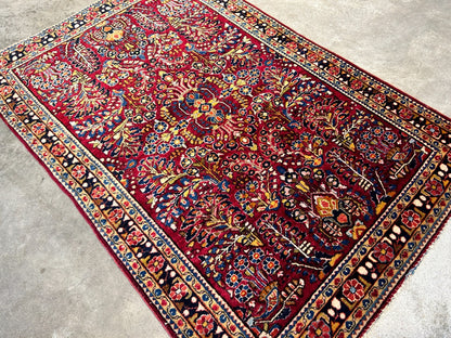 Collector Antique - 3'4"x5'1" Hand-Knotted 100% Wool Pile Sarouke Rug