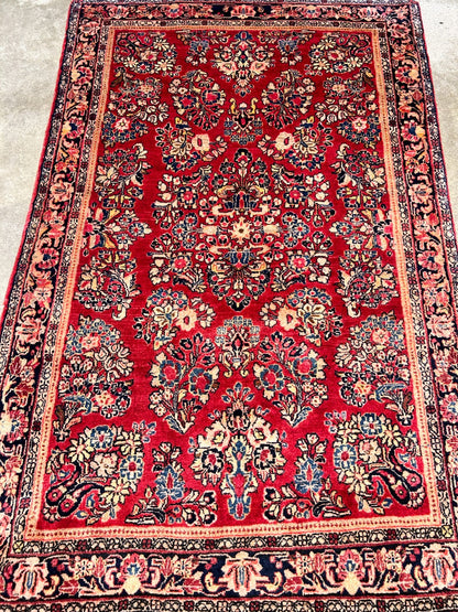 3'3"x4'11" Antique Hand-Knotted 100% Wool Pile Sarouke Rug