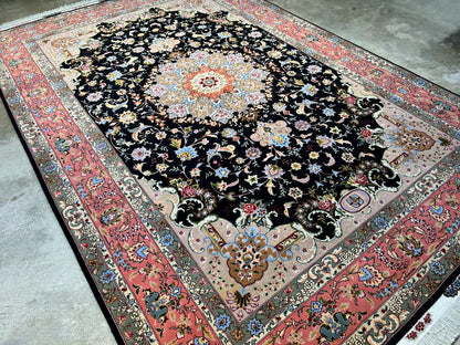 6'9"x10'5" Very Fine Hand-Knotted Wool & Silk Blend Tabrize Carpet - Area Rug