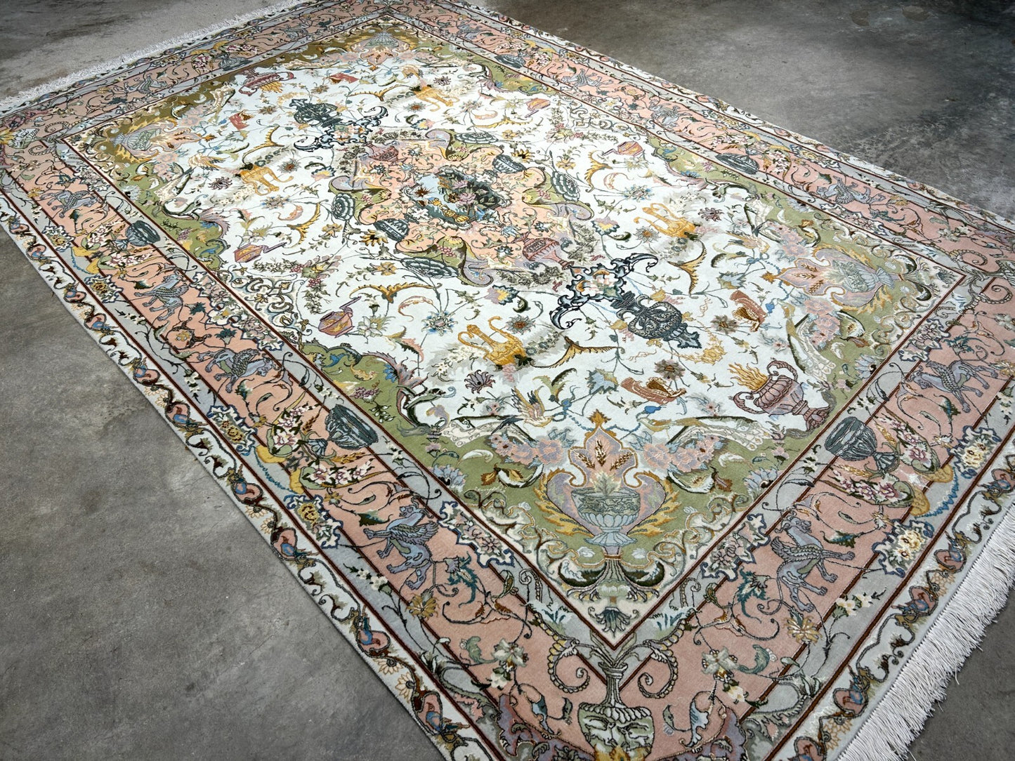 6'8"x10' Very-Fine Hand-Knotted Wool & Silk Blend Tabrize Carpet - Area Rug