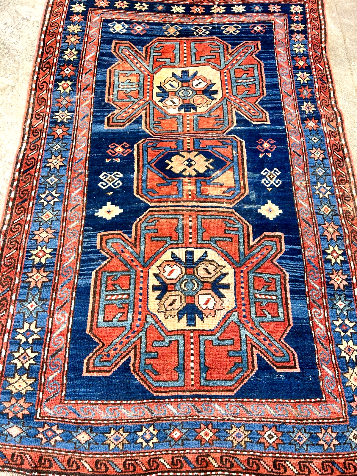 Collector Item - 4'1"x7'3" Antique Hand-Knotted 100% Wool Pile Russian Kazak Rug