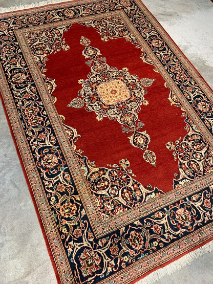 Collector Item - 4'7"x6'9" Antique Hand-Knotted Fine Wool Pile Kashane Rug