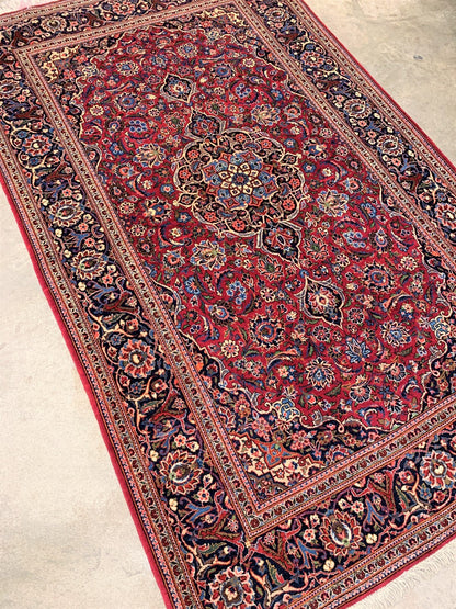 4'3" x 6'11'' Antique Hand-Knotted 100% Wool Pile Kashane Area Rug