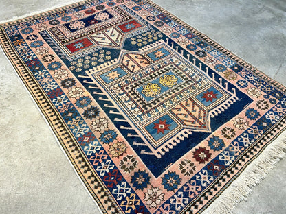Collector Item - 3'4"x4'4" Antique Hand-Knotted 100% Wool Pile Russian Kazak Rug