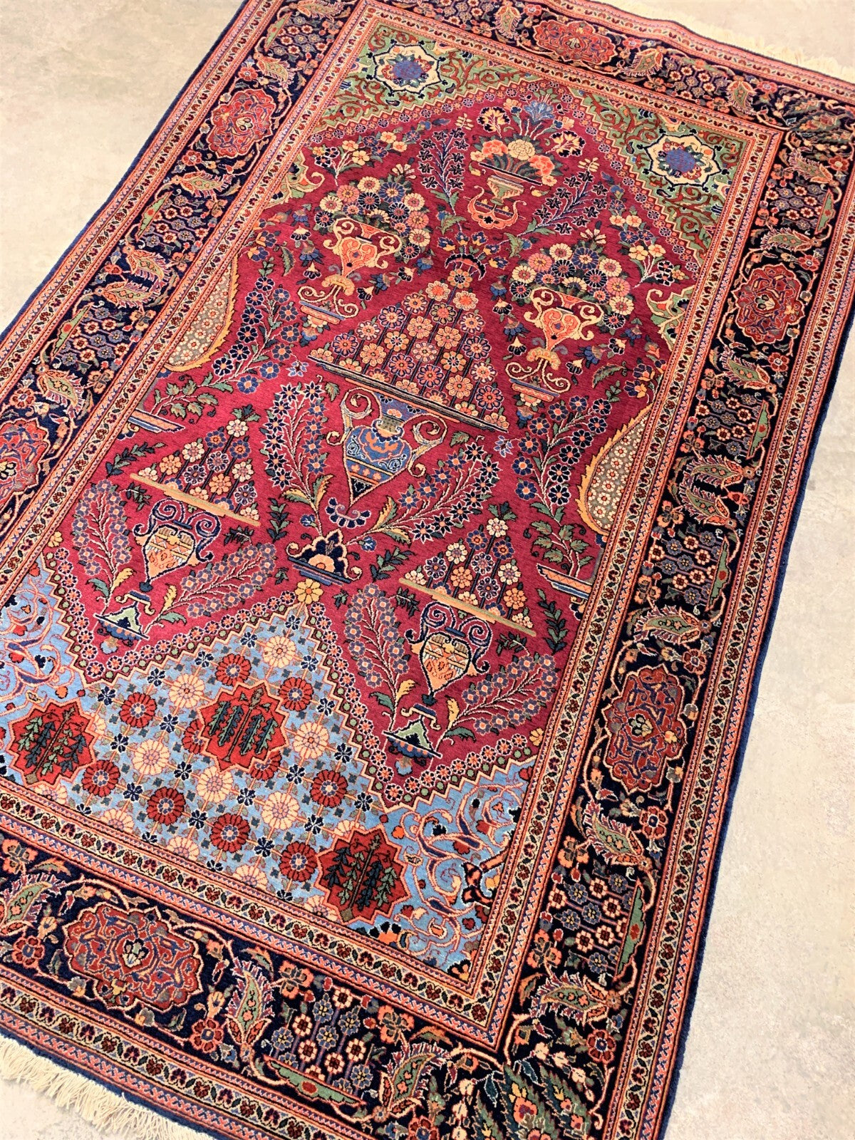 Collector Item  4'3"x6'10" Antique Pre-1900 Fine Lamb Wool Pile Kashane Rug