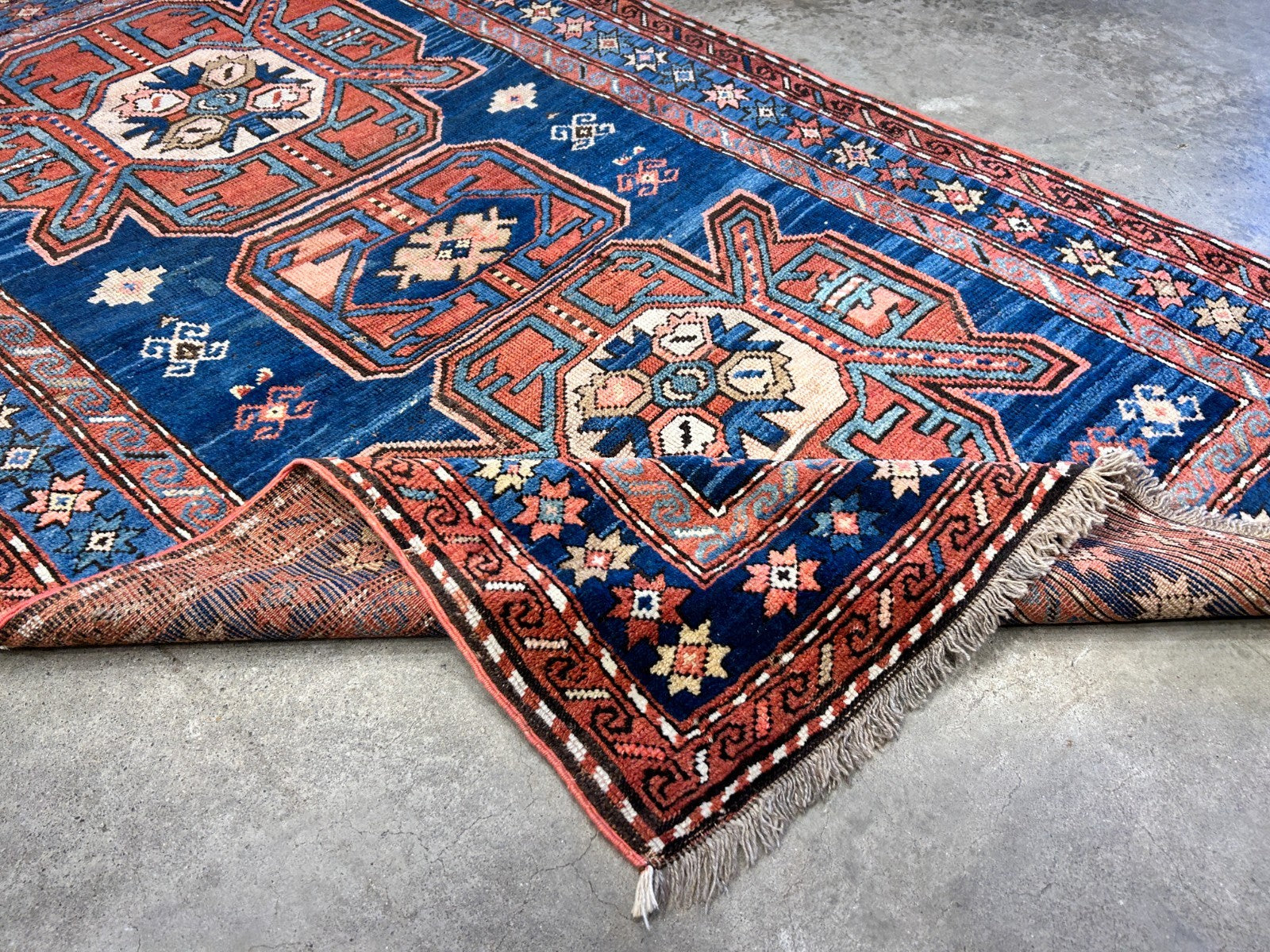 Collector Item - 4'1"x7'3" Antique Hand-Knotted 100% Wool Pile Russian Kazak Rug